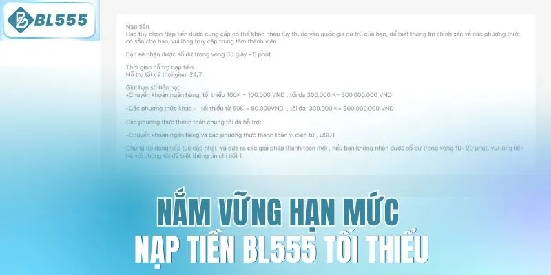 Nắm vững hạn mức nạp tiền BL555 tối thiểu